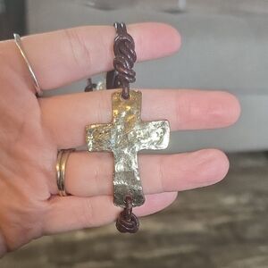 Hammered Metal Cross Pendant Necklace - Brown Cord